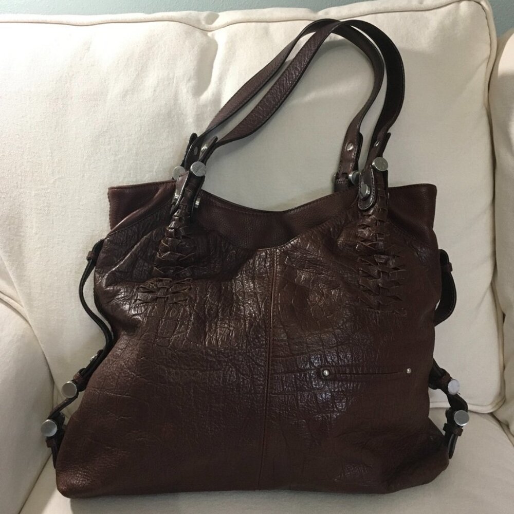B. Makowsky Large Brown Croc Embossed Leather Shoulder Bag Tote
